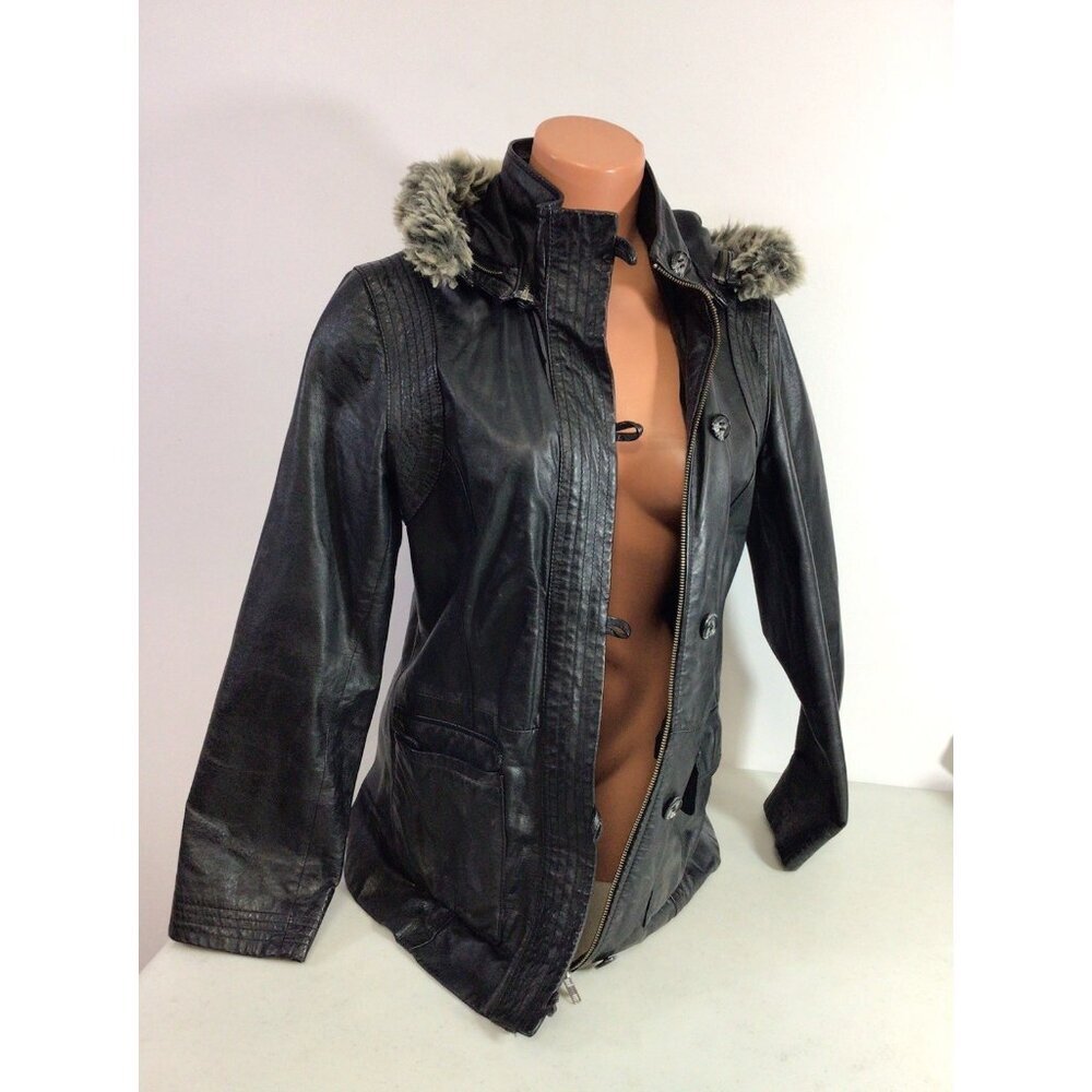 Danier Leather Jacket Coat Faux Fur Trim Womens Small